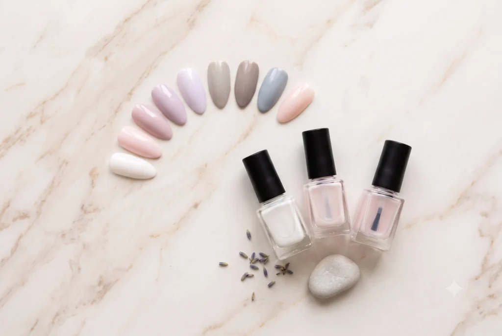 Milky white nails and milky pink nail polish bottles flat-lay — artificial nail tips painted in sheer milky shades beside unlabeled glass lacquer bottles, showing the soft summer milky nail trend