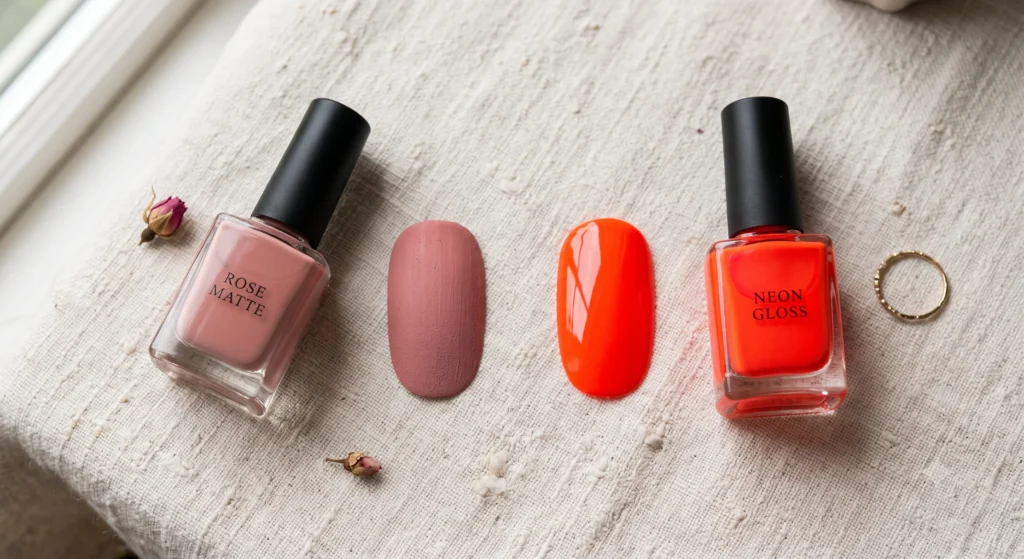 Side by side comparison of a muted dusty rose nail polish swatch versus a bright neon orange-red polish showing color temperature and chroma clash.