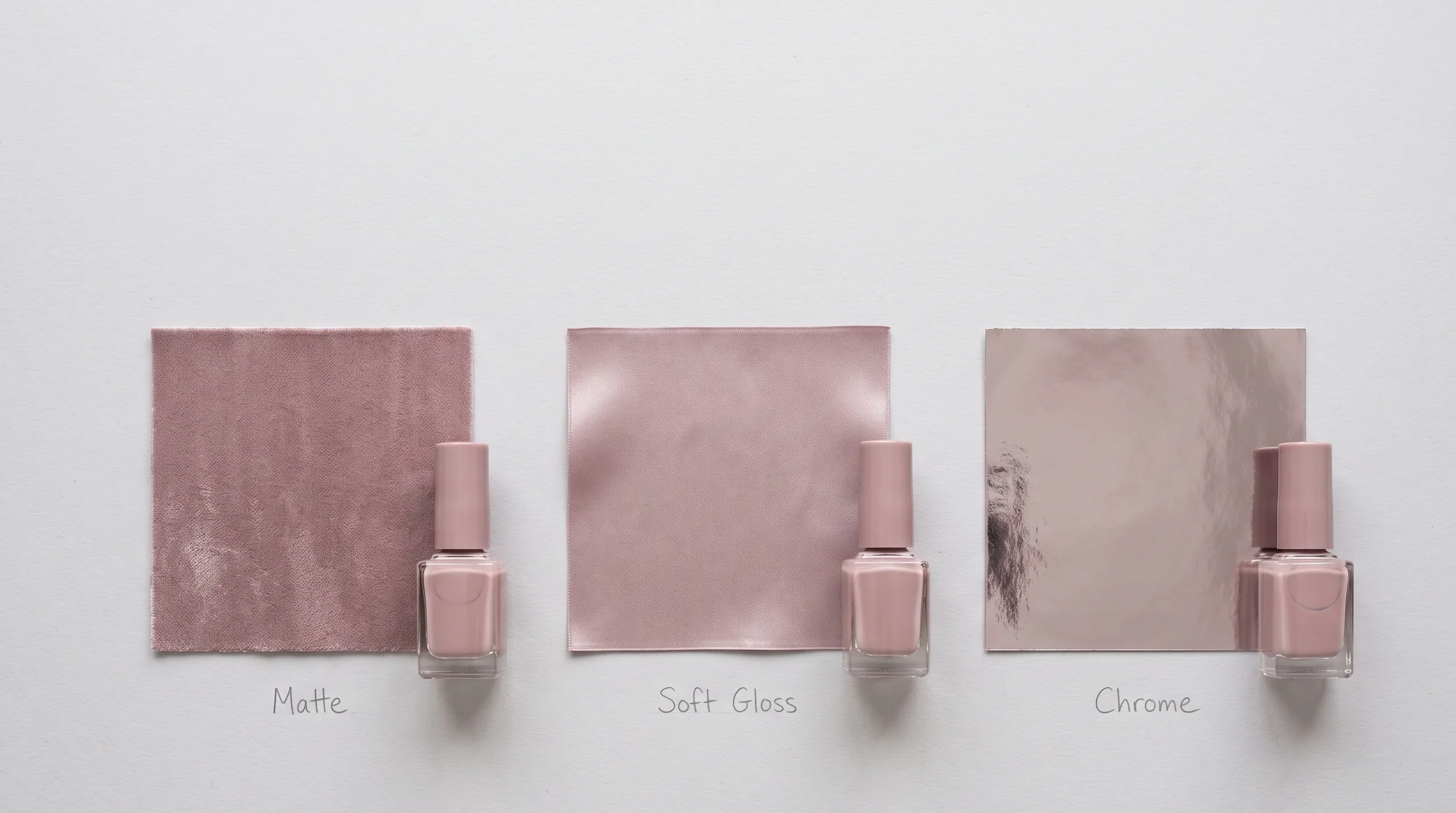 Comparison of matte, soft gloss and chrome nail polish finishes on the same dusty mauve colour, showing how finish changes perceived intensity for soft summer nail polish