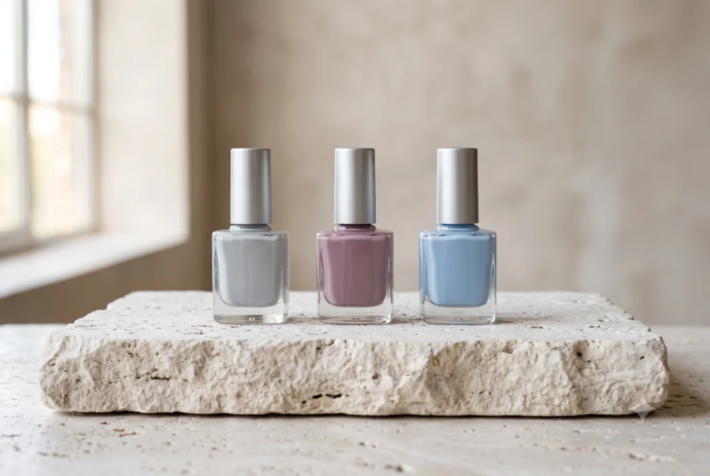 Three unbranded glass nail polish bottles in cool light grey, dusty mauve, and soft powder blue sitting on a stone plinth.