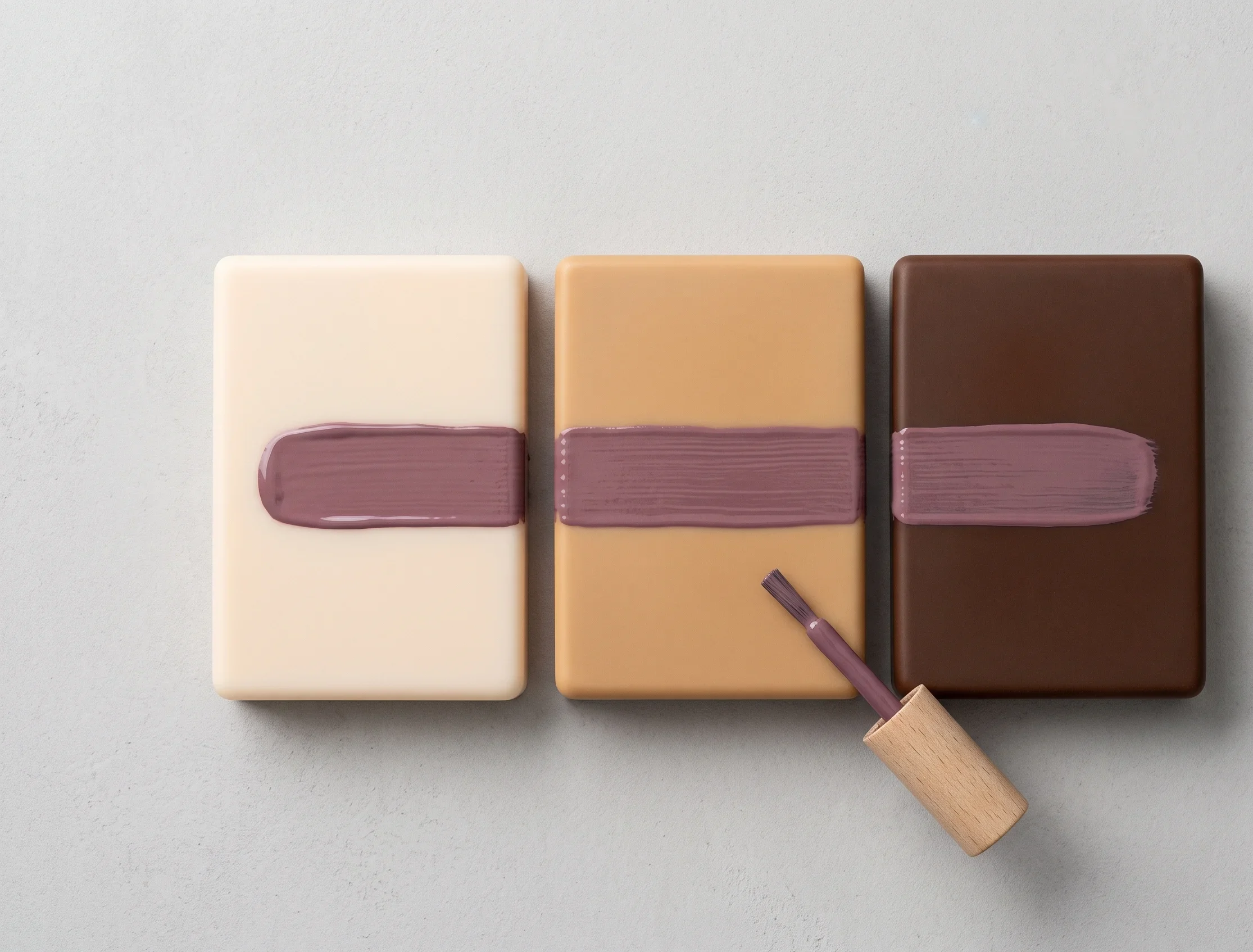 A single stripe of dusty plum nail polish painted across fair, medium, and deep brown resin blocks to demonstrate how soft summer colors look across different skin tone depths.