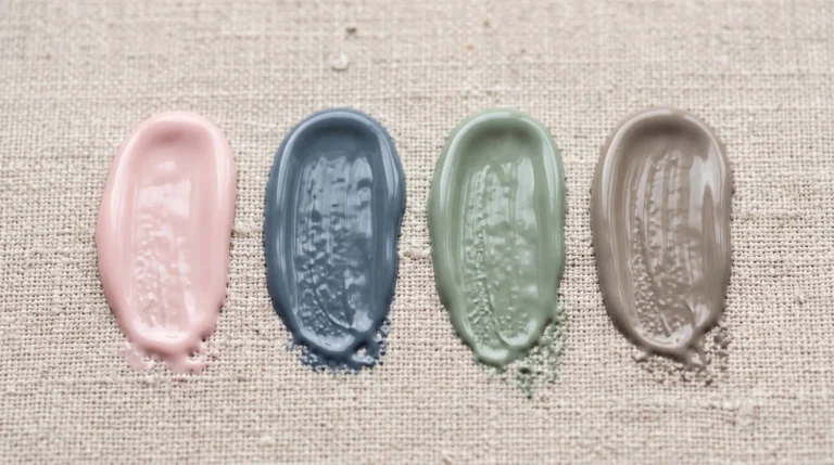 Four thick nail polish smears on linen in soft summer colors: milky pink, slate blue-grey, muted sage, and warm greige.