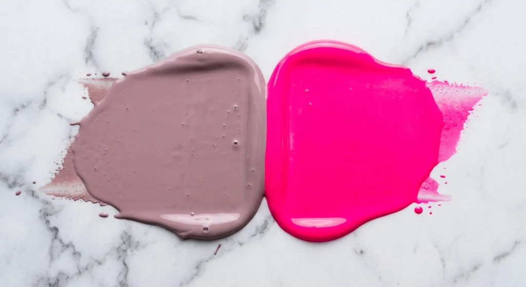 A comparison of a muted cool rose colour swatch next to a vivid neon pink swatch, illustrating the difference between Soft Summer's low chroma and Bright Winter's high saturation.