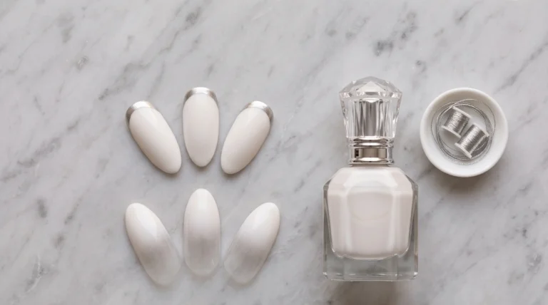 Elegant reverse French and milky ombré nail designs in milky white with silver shimmer, an elevated soft summer vacation nail look