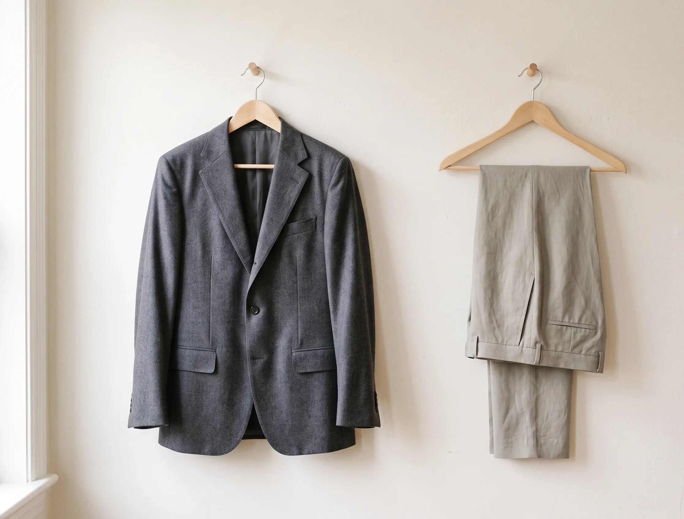 Soft charcoal blazer and cool greige trousers hanging on wooden hangers — a soft summer work clothes styling reference.