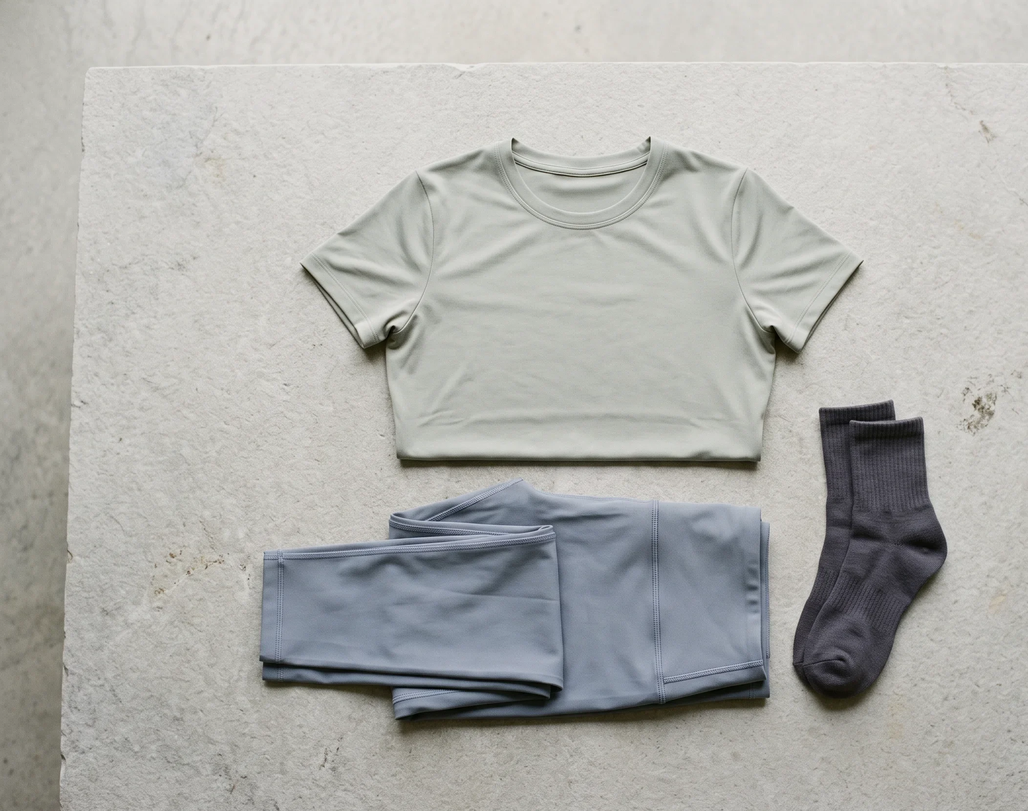 Matte slate blue-grey leggings and muted sage sports top flat-lay — soft summer workout clothes colour reference