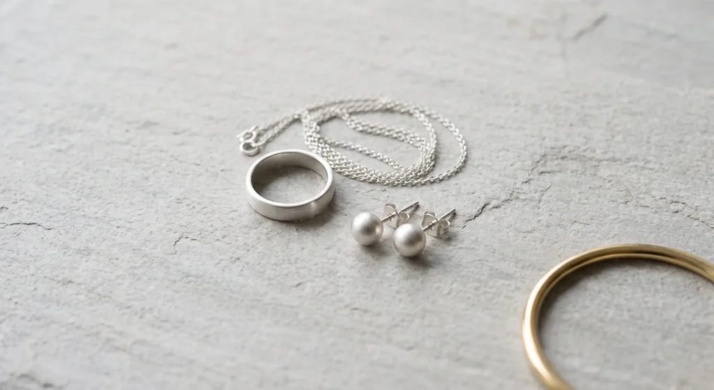 Brushed silver jewellery — ring, chain, and earrings — in sharp focus, with a single gold bangle blurred at the edge of frame, illustrating soft summer's preferred metal