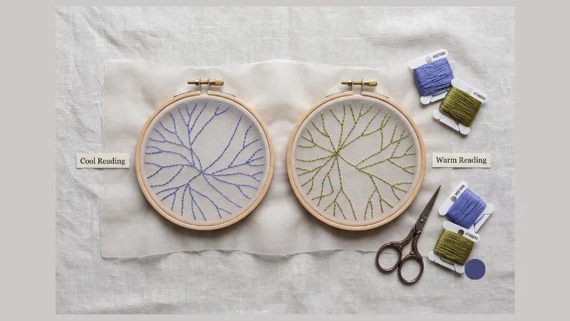 Two embroidery hoops with stitched thread veining in blue-purple and green-gold, symbolically representing the cool versus warm undertone vein test used to determine whether a warm summer color palette search actually means soft autumn or true summer
