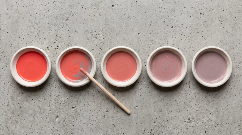 Five paint dishes showing a color progressively muted from saturated red to ash rose, illustrating how muted colors are made by adding grey.