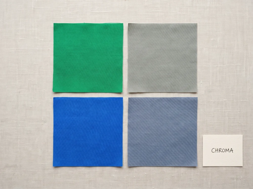 Four fabric swatches comparing saturated and muted versions of green and blue, showing how chroma changes a color's intensity.