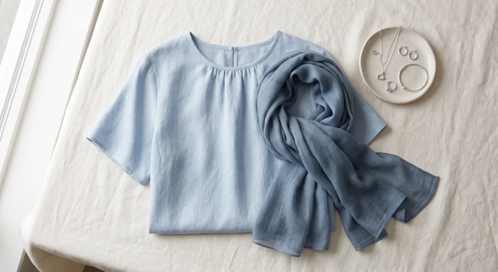 Alt text Light Summer and True Summer wardrobe pieces styled together — a powder-blue blouse with a slate-blue scarf and silver jewellery