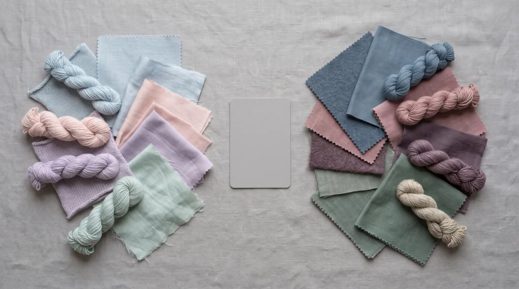 Light Summer vs True Summer fabric swatches compared side by side, the lighter powder-blue-and-blush palette against the deeper slate-and-rose palette