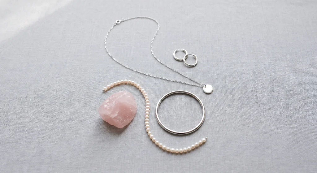 Light summer capsule wardrobe accessories — silver jewellery, pearls, and rose quartz for a cool-toned palette