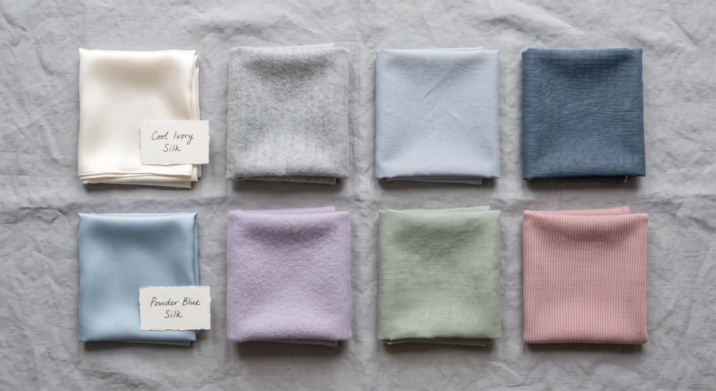 Light summer capsule wardrobe colour palette — flat-lay of eight cool-toned fabric swatches in cool ivory, dove grey, powder blue, and soft rose
