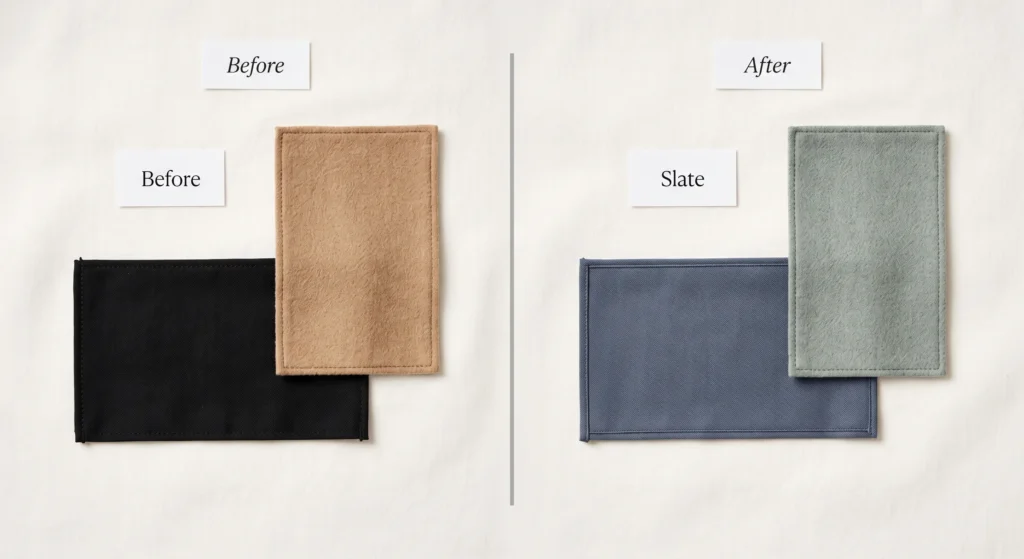 Light summer capsule wardrobe colour swap — black and camel replaced with slate blue and cool sage