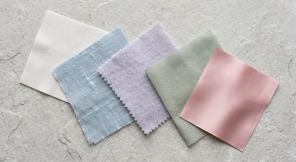 Light summer capsule wardrobe fabric guide — silk, linen, cashmere, and cotton voile swatches in cool pastel tones