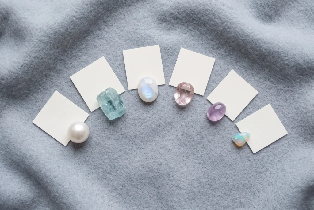 Light summer color palette jewelry gemstone flat lay with pearl, aquamarine, moonstone, morganite, amethyst, and opal