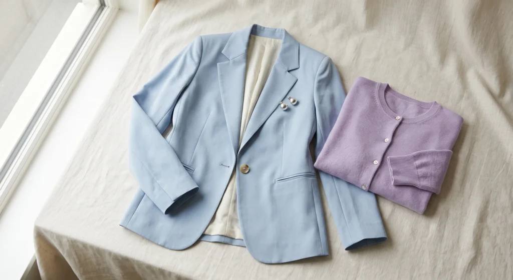 Light summer wardrobe signature layer — powder blue blazer and soft lavender cardigan flat-lay for a cool-toned capsule