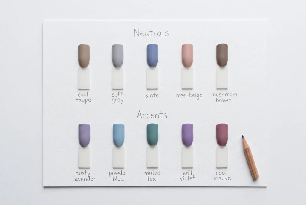True Summer eyeshadow palette swatch sticks — cool taupe, slate, dusty lavender and muted teal, showing neutral and accent eyeshadow colours for cool summer makeup
