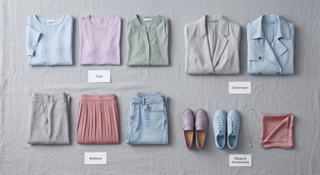 Twelve-piece Light Summer capsule wardrobe grid — tops, bottoms, outerwear, shoes, and accessories in a cool, muted colour palette