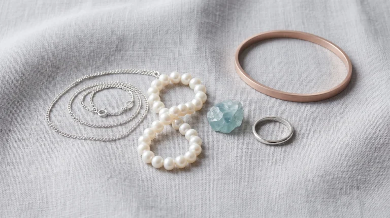 Light summer jewelry flat lay with sterling silver chain, white pearls, an aquamarine stone, and a pale rose gold bangle on grey linen