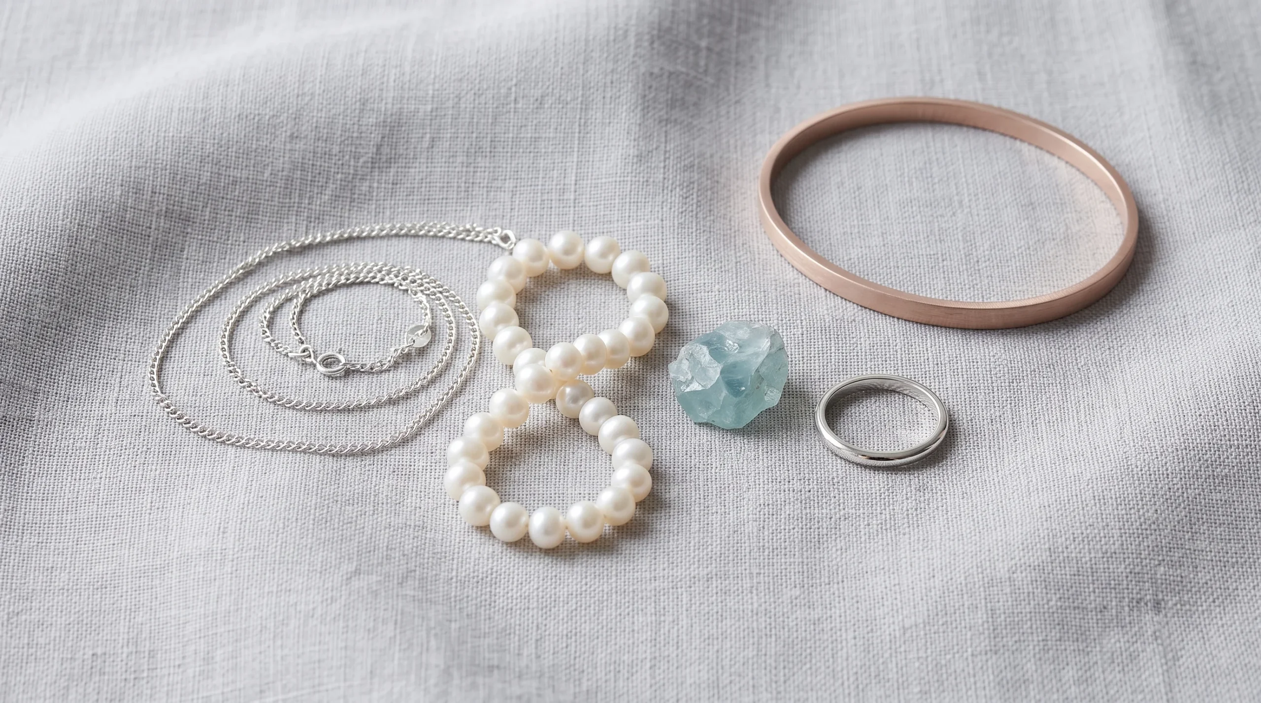Light summer jewelry flat lay with sterling silver chain, white pearls, an aquamarine stone, and a pale rose gold bangle on grey linen
