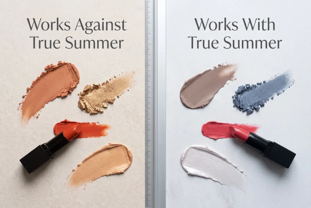Wrong versus right makeup temperature comparison for true summer — warm terracotta and gold on the left, cool taupe and slate blue on the right, illustrating cool summer makeup colour rules
