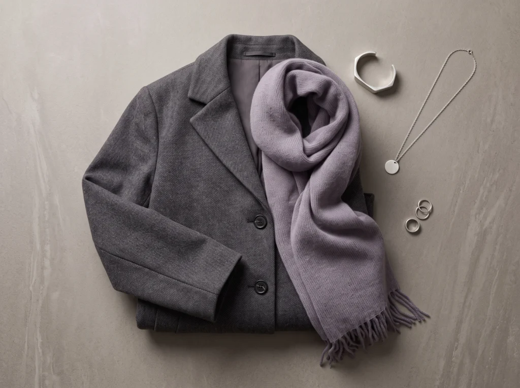 A charcoal marl coat and smoked lavender scarf flat-lay, showing a muted color combination translated into real wardrobe pieces.