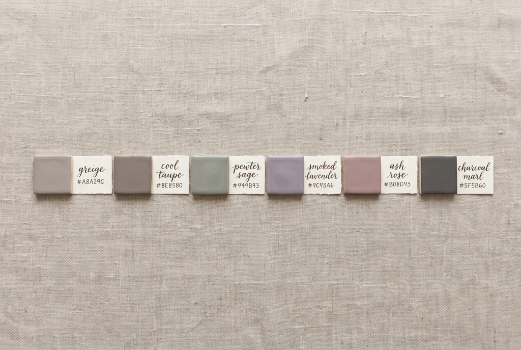 Six ceramic paint sample tiles in greige, cool taupe, pewter sage, smoked lavender, ash rose, and charcoal marl, showing a named list of muted color hex codes.
