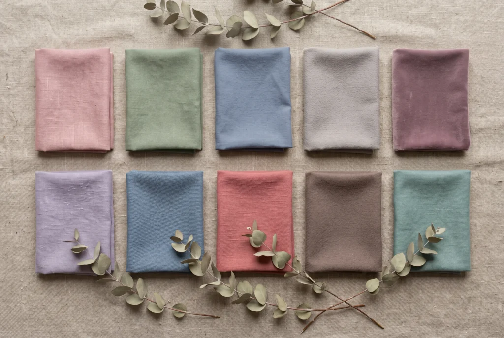 Flat-lay of muted soft color fabric swatches in dusty rose, sage green, and slate blue arranged on linen, representing the soft colors palette in seasonal color analysis.