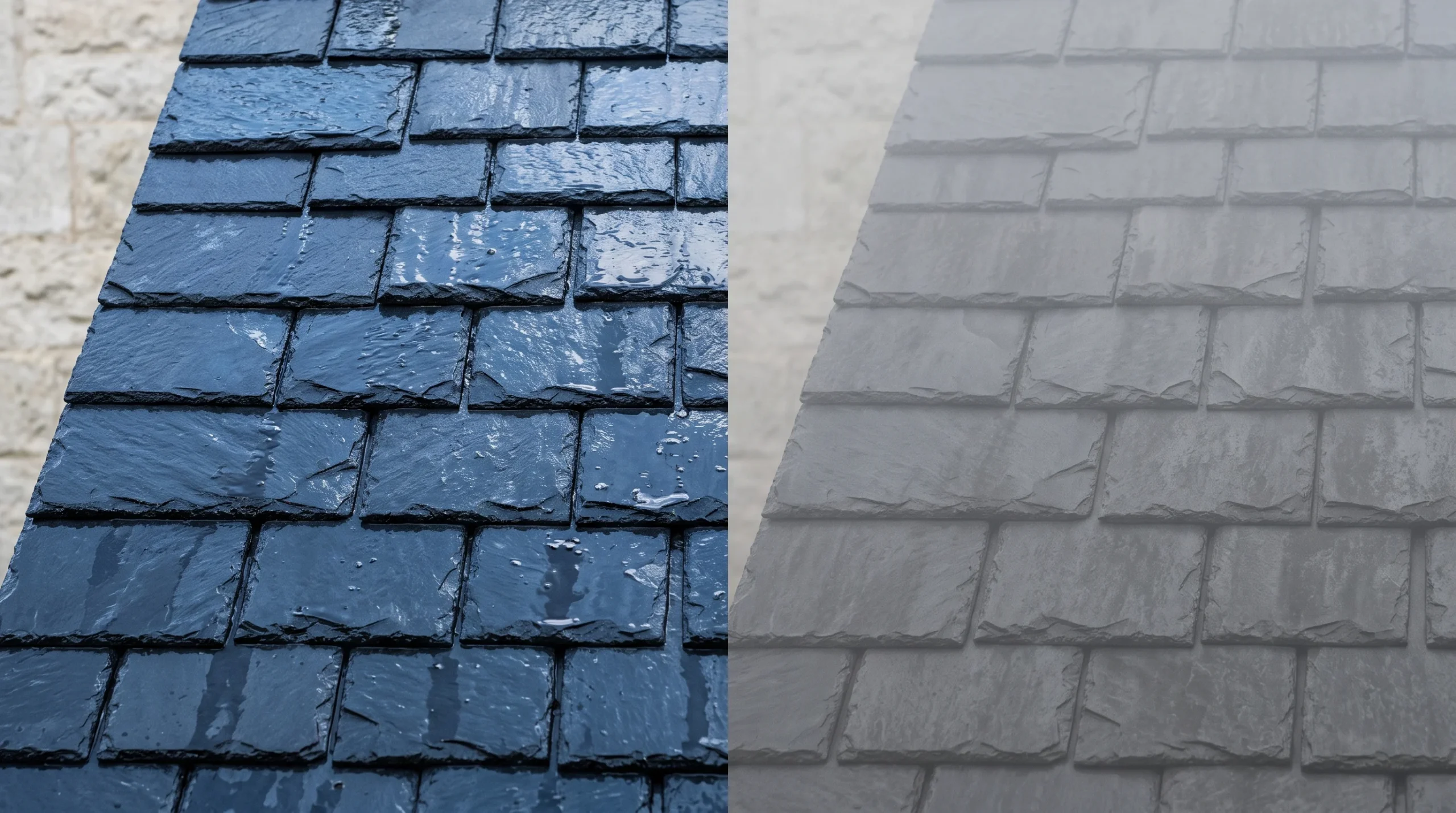 Wet slate roof tiles compared under clear light and misty light, illustrating Charcoal Navy versus Soft Navy