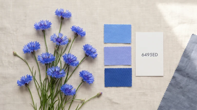 Cornflower blue flowers and fabric swatches arranged with a hex-code colour card, showing the True Summer shade in an editorial flat-lay