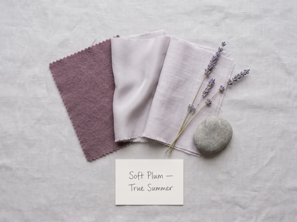  Soft plum color fabric swatch styled with dove-grey silk and dried lavender in a True Summer palette flat-lay