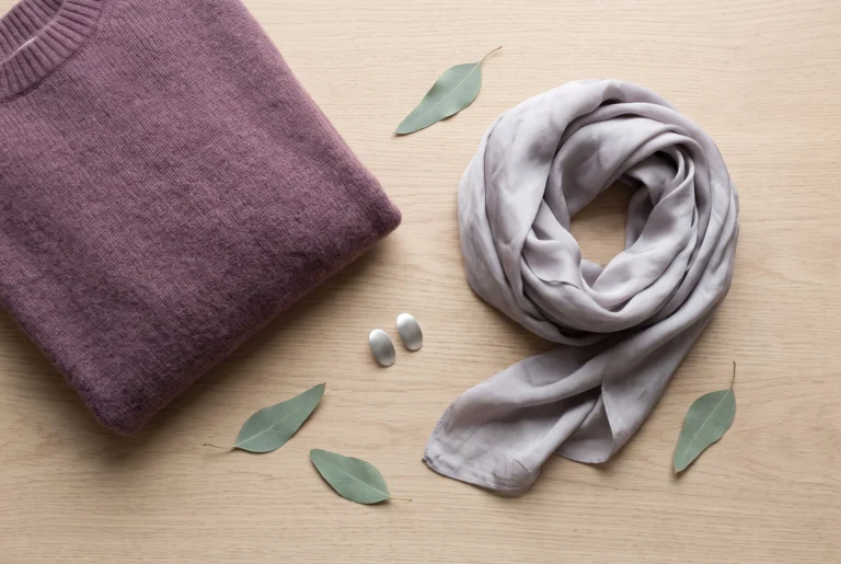 Soft plum sweater styled with dove-grey scarf and silver jewelry for a True Summer wardrobe