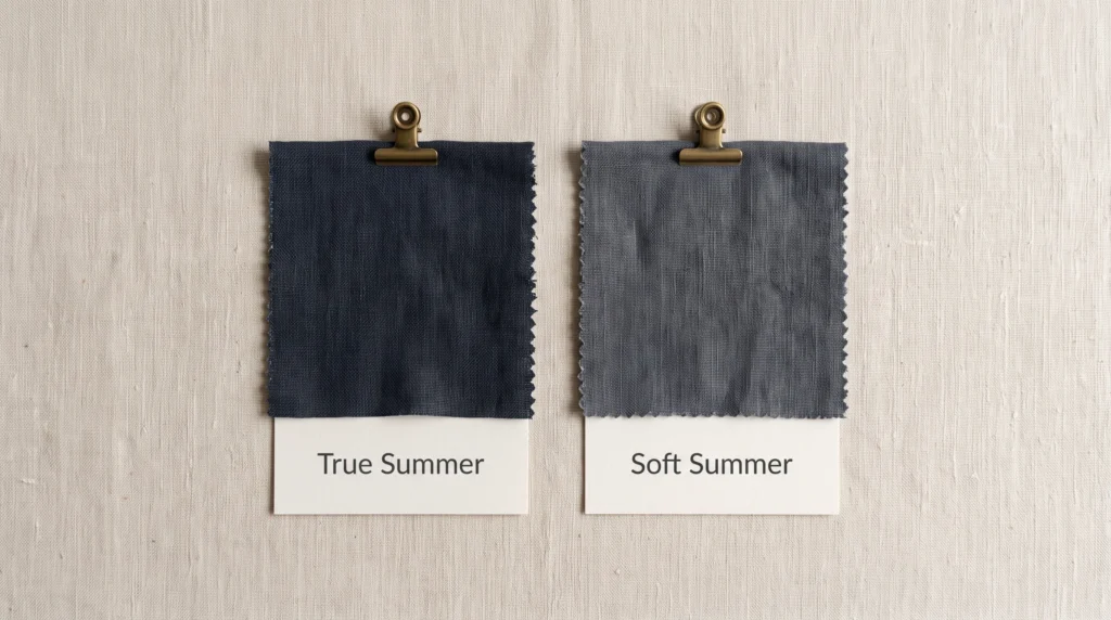 Two navy fabric swatches side by side comparing True Summer's Charcoal Navy with Soft Summer's more muted Soft Navy