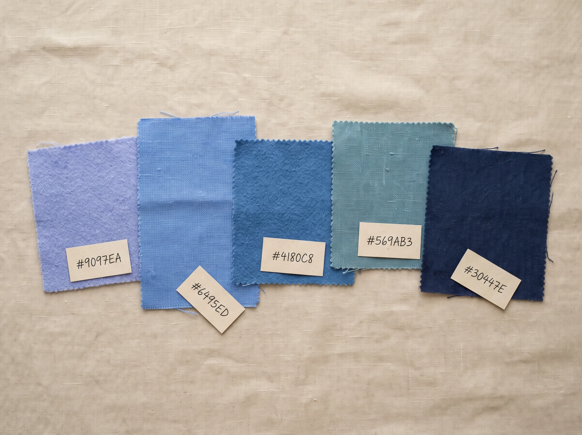 Five fabric swatches showing the True Summer blue family from periwinkle through cornflower blue to dusk navy