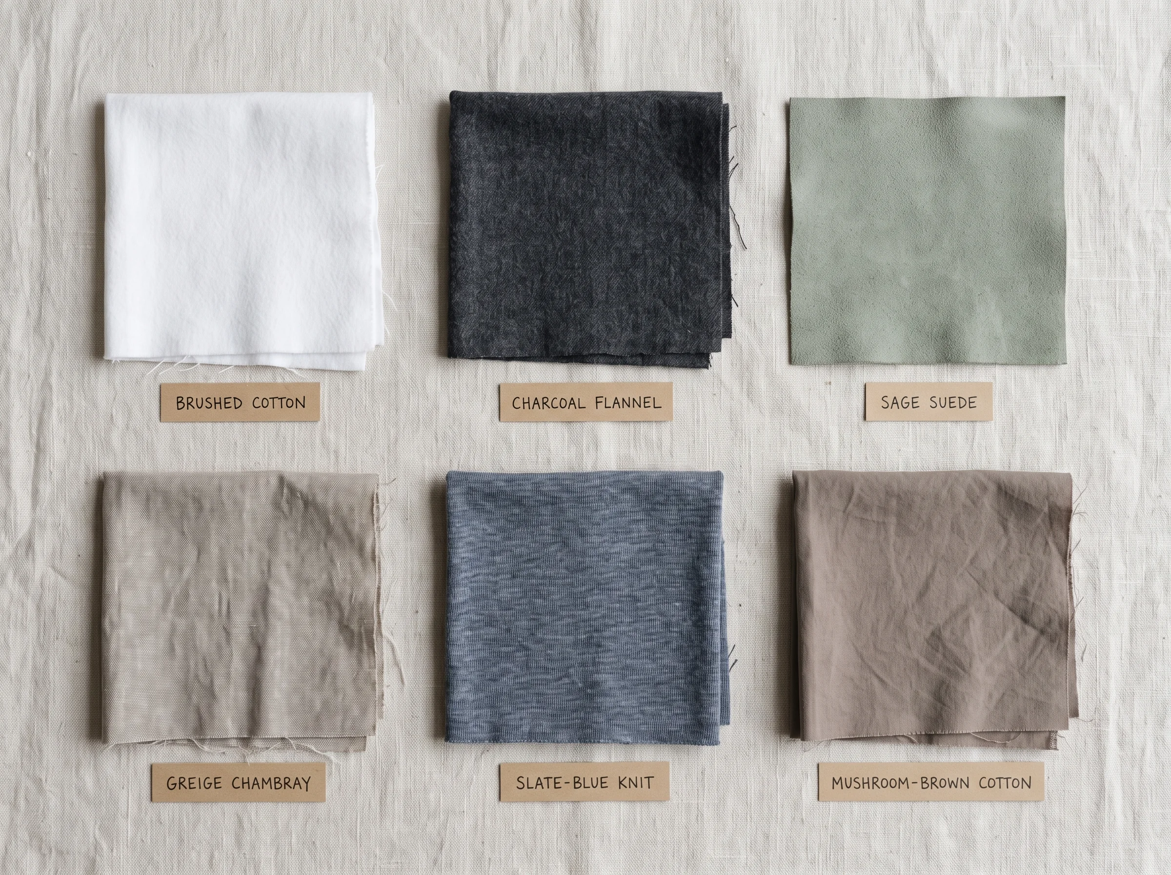 Six matte fabric swatches — brushed cotton, flannel, suede, chambray, heathered knit, and washed cotton — in soft summer colours, illustrating suitable menswear textures