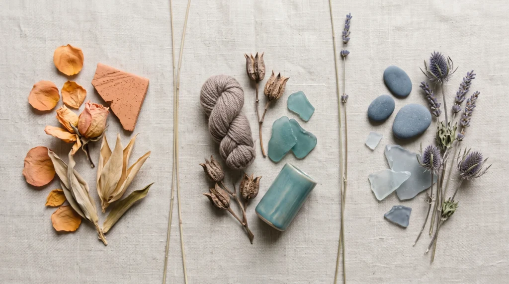 soft autumn or soft summer Overlap Zones: Editorial flat-lay on oatmeal linen in three zones, hairline dividers. NO human subjects. Warm left, shared middle (muted teal #73999A, mushroom taupe #A39387), cool right. Diffused light. No text. 16:9.