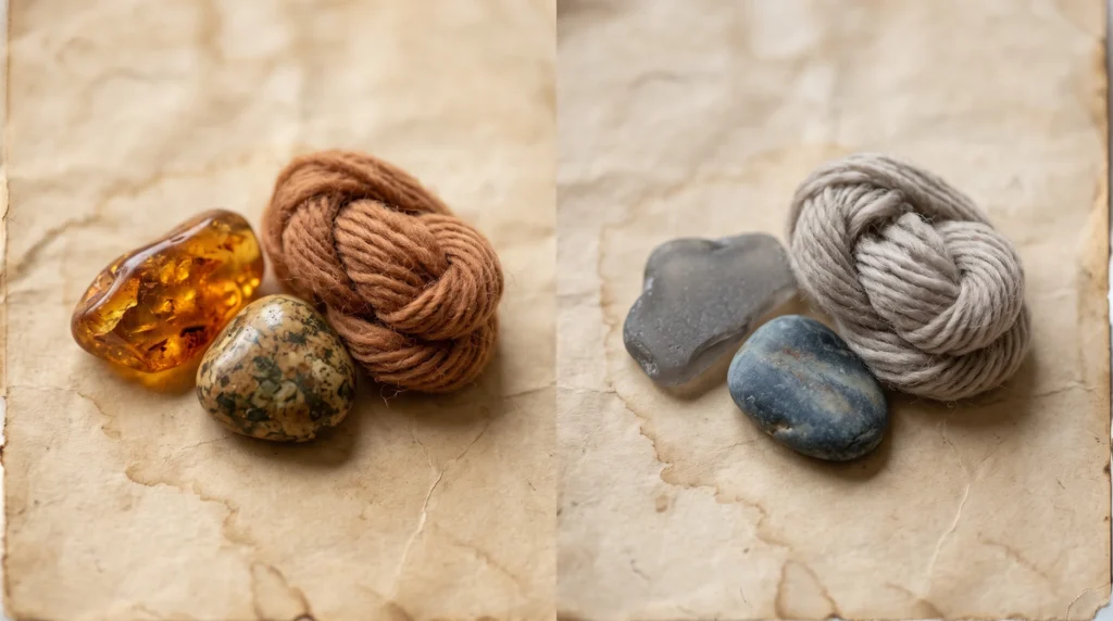 soft autumn vs soft summer ,Hair and Eye Analogies: Macro still life on tea-stained paper. NO human subjects. Left: amber, hazel stone, caramel wool yarn. Right: grey sea glass, slate, ash-blonde yarn. Diffused light, shallow depth of field. 16:9.