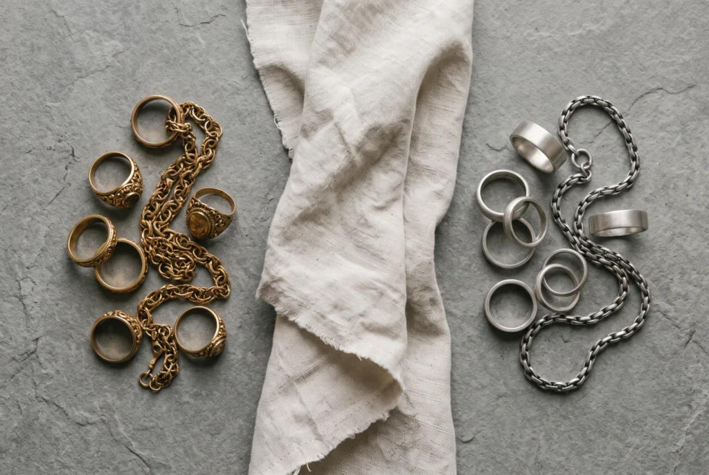soft autumn vs soft summer Metals: Editorial overhead still life on grey stone. NO human subjects. Antique gold #B8975A rings and chain beside brushed silver #B8BCC2 rings and chain, a linen napkin between. Diffused window light. 3:2.