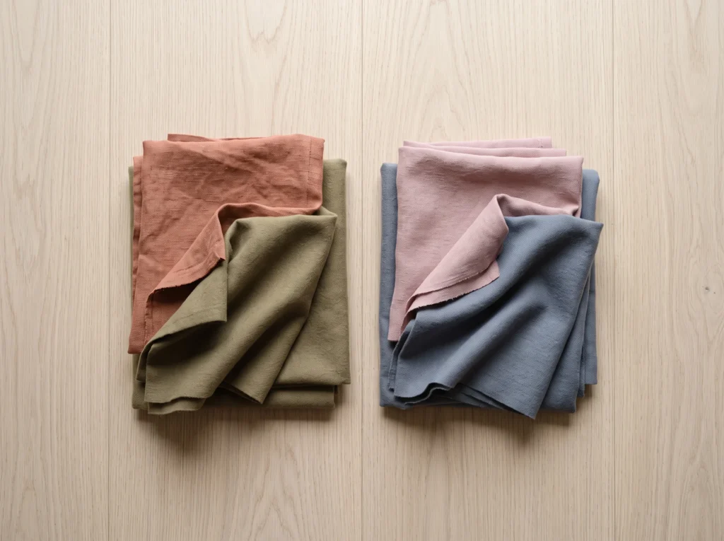 soft autumn vs soft summer drape swatches ,Drape Swatches: Editorial overhead flat-lay on white oak. NO human subjects. Two stacks of folded fabric swatches: dusty terracotta #C07B62 with muted olive #8C8A5E, beside dusty rose #C9A0A6 with slate #7B8CA3. 