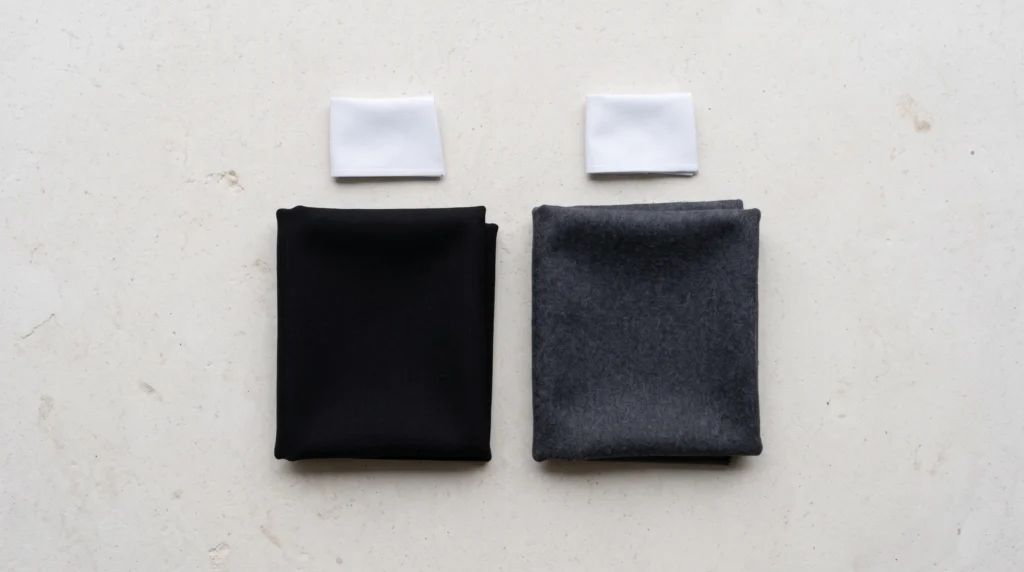 A stark true-black wool suiting swatch beside a softer soft charcoal wool swatch, illustrating why soft summer men benefit from charcoal over true black"