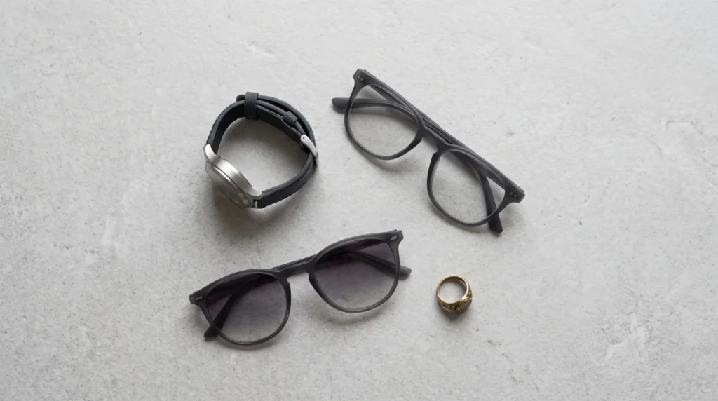 A brushed silver watch, matte charcoal eyeglass frames, gradient-lens sunglasses, and a single antique gold ring, illustrating soft summer men's metal and eyewear choices