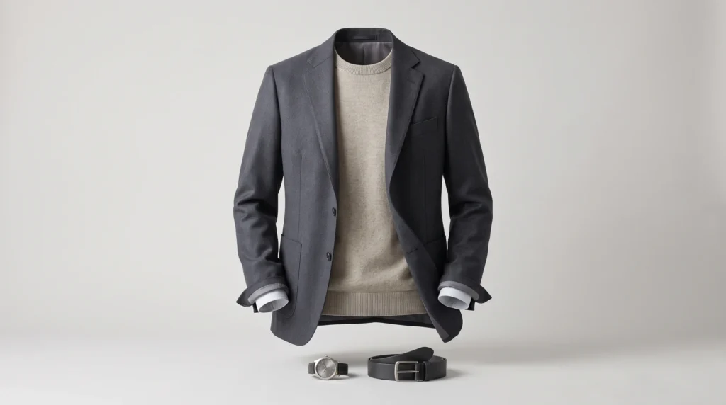 A soft charcoal suit jacket layered over a warm greige knit with a cool white shirt cuff, brushed silver watch, and matte leather belt, shown in ghost-mannequin style as a soft summer men's outfit