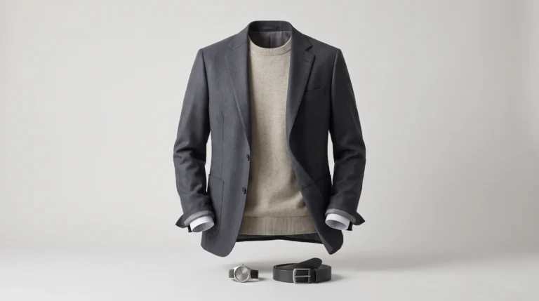 A soft charcoal suit jacket layered over a warm greige knit with a cool white shirt cuff, brushed silver watch, and matte leather belt, shown in ghost-mannequin style as a soft summer men's outfit