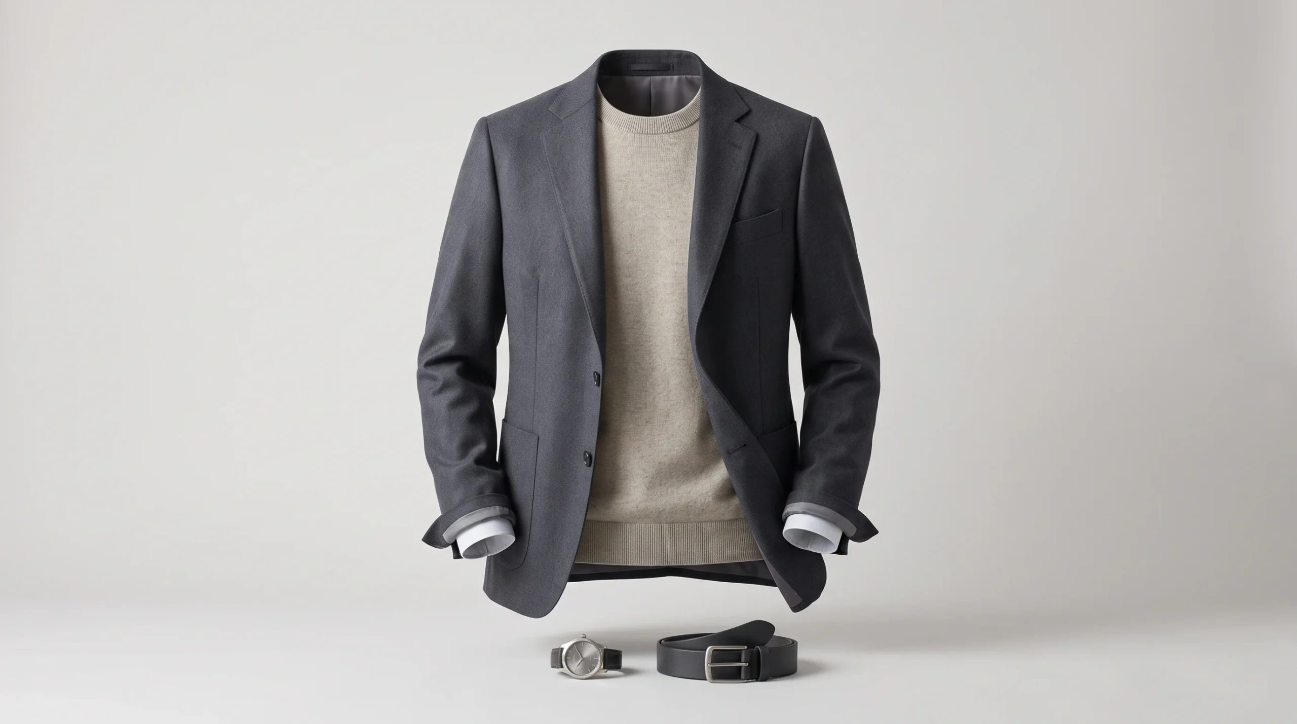 A soft charcoal suit jacket layered over a warm greige knit with a cool white shirt cuff, brushed silver watch, and matte leather belt, shown in ghost-mannequin style as a soft summer men's outfit