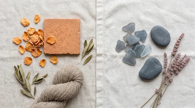 Soft summer vs soft autumn , color comparison . Left, warm: dried apricot petals, a terracotta tile, oatmeal wool in #C07B62, #8C8A5E, #A8957F. Right, cool: grey sea glass, a slate pebble, dried lavender in #C9A0A6, #7B8CA3, #9C9A9A. Diffused north-facing window light