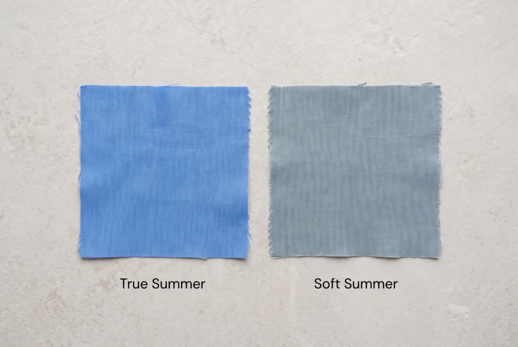 Side-by-side fabric swatches comparing True Summer's cornflower blue with Soft Summer's muted Steel Mist